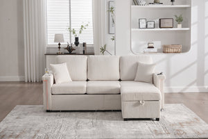 English Elm UNITED Corduroy L-Shaped Sectional Sofa with Storage Ottoman, USB Ports, Cup Holders & LED Lighting Beige W1568P332400