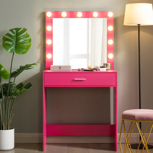 English Elm Vanity Elegant dressing table with LED mirror lights, large drawer, adjustable brightness & storage Pink W2386P216225