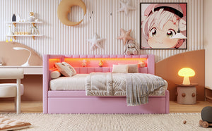 English Elm Upholstered Full Platform Bed with Trundle, Built-In USB Ports & LED Accent, Linen Upholstery Pink DL001925AAH