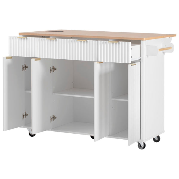 English Elm K&k Fluted Rolling Kitchen Island Faux Marble Top Power Outlet Storage Drawers White N707P353945W