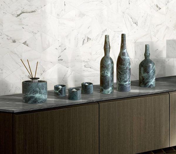 English Elm Diamond Green marble 7-piece luxury living room accessory set — genuine natural stone vases & holders W1696P262947