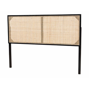 English Elm Modern Bayur Wood Queen Headboard with Woven Rattan Panel Boho Bedroom Accent Black+Brown B2750P467682