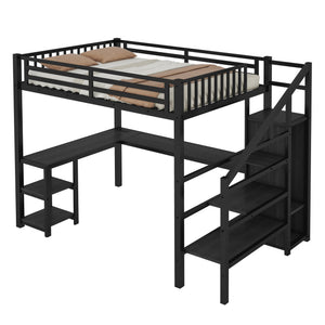 English Elm Metal Full Loft Bed with Wardrobe, LED, L-Desk & USB Ports — Space-Saving Full Size Bunk for Kids Teens Adults W2593S00008