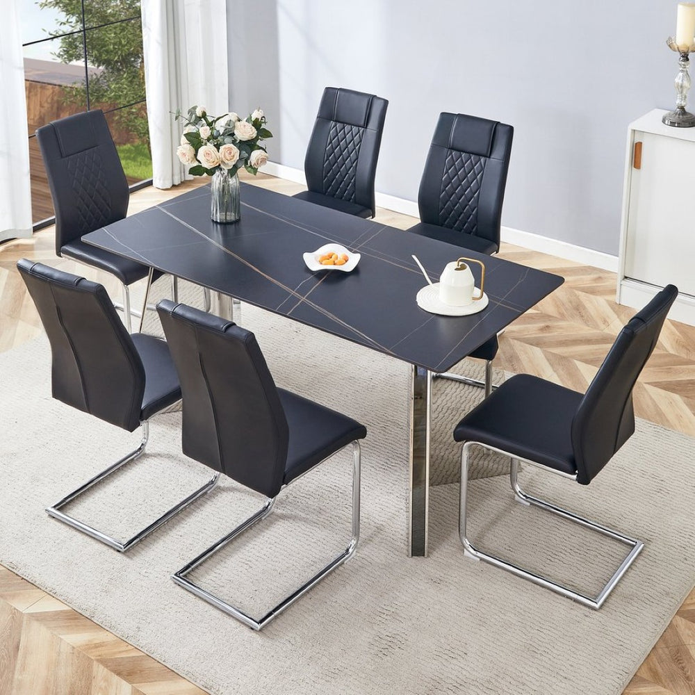 English Elm Table Set With Black Marble Top & Stainless Steel Legs – 6 Pu Chairs For Elegant Dining Spaces W1151S01960-GIGA