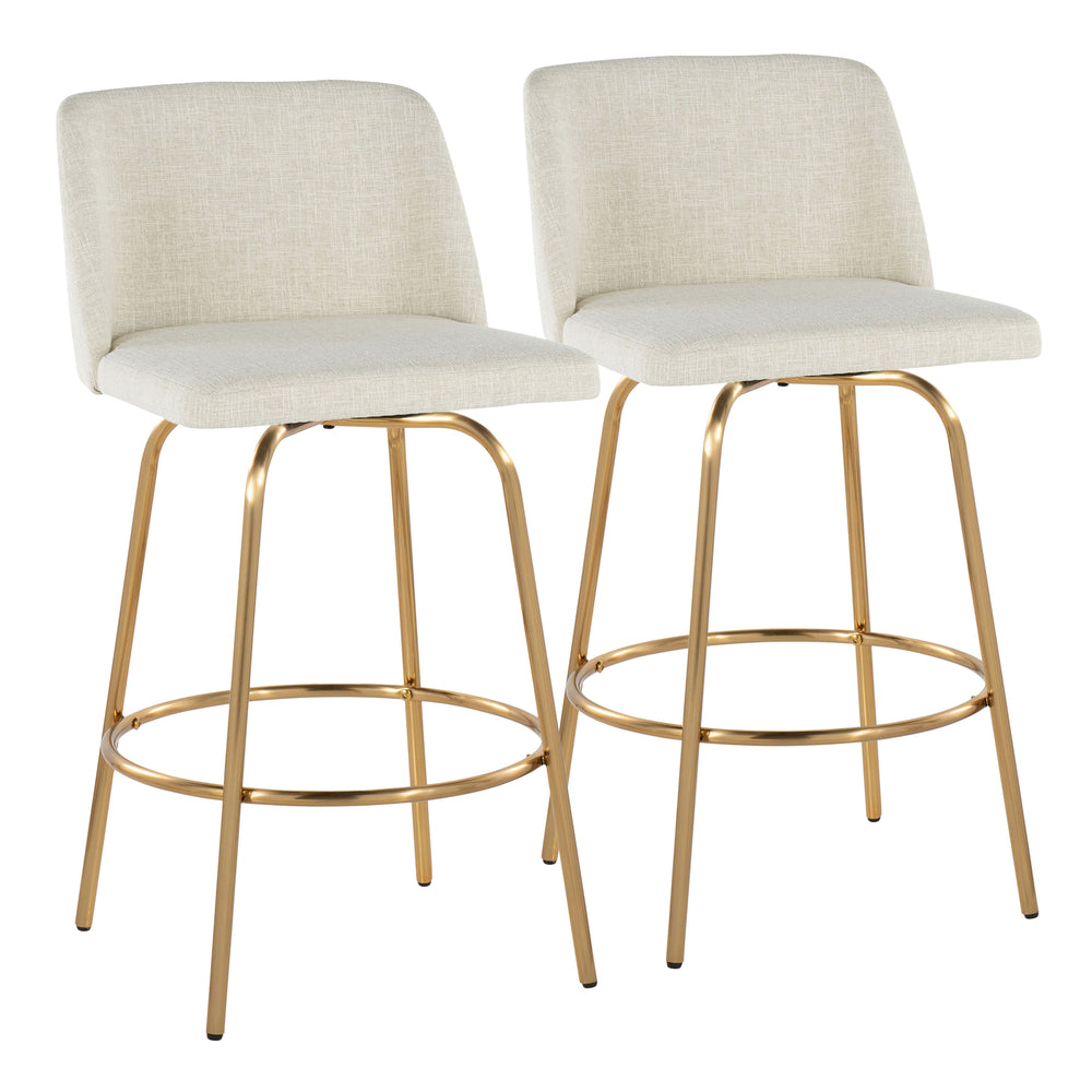 English Elm Toriano 26" Contemporary Counter Stool Set of 2 with Swivel Padded Seat Gold Metal Base, Stylish Upholstery and Round Footrest Grey B202S00394