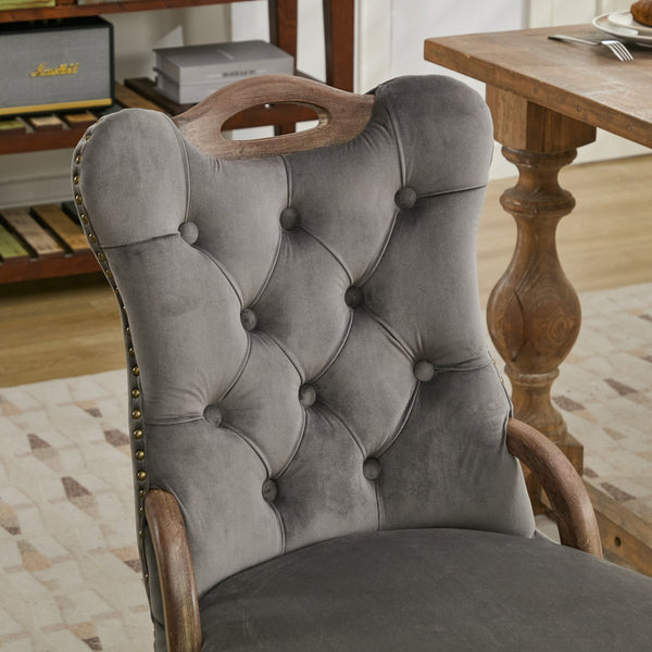 English Elm Velvet Hand-Tufted Dining Chair with Solid Wood Handles and Curved Legs, Vintage Copper Accents Gray W1143P338141