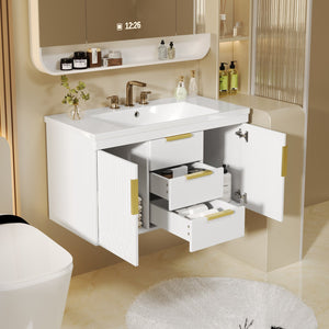 English Elm 36'' Wall Mounted Bathroom Vanity with Sink, Floating MDF Cabinet, 2 Drawers, Rust-Resistant Handles White N710P253035K