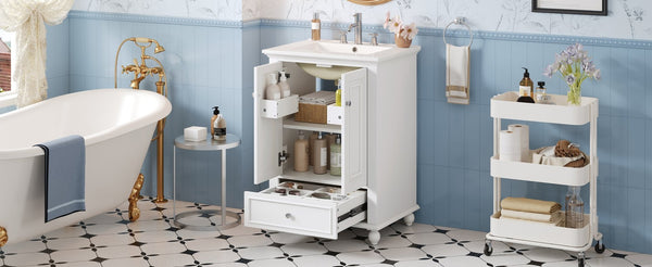 English Elm 24'' French Style Bathroom Vanity with Ceramic Sink Soft Close Cabinet and Drawer White N710P411227K