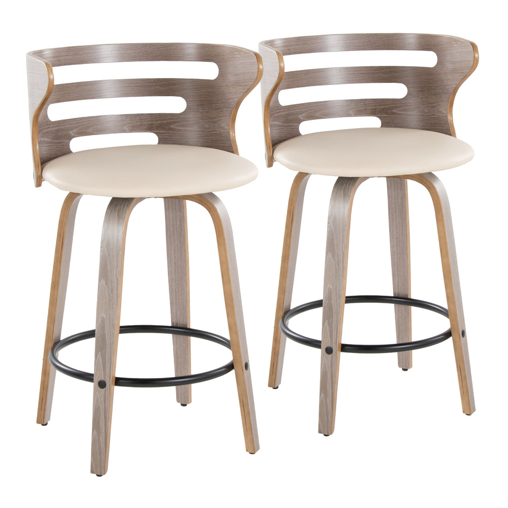 English Elm Cosini Mid-Century Modern 26" Fixed-Height Swivel Barstool Set of 2 — Walnut Wood, Padded Fabric Seat, Chrome Footrest Cream B202S00204