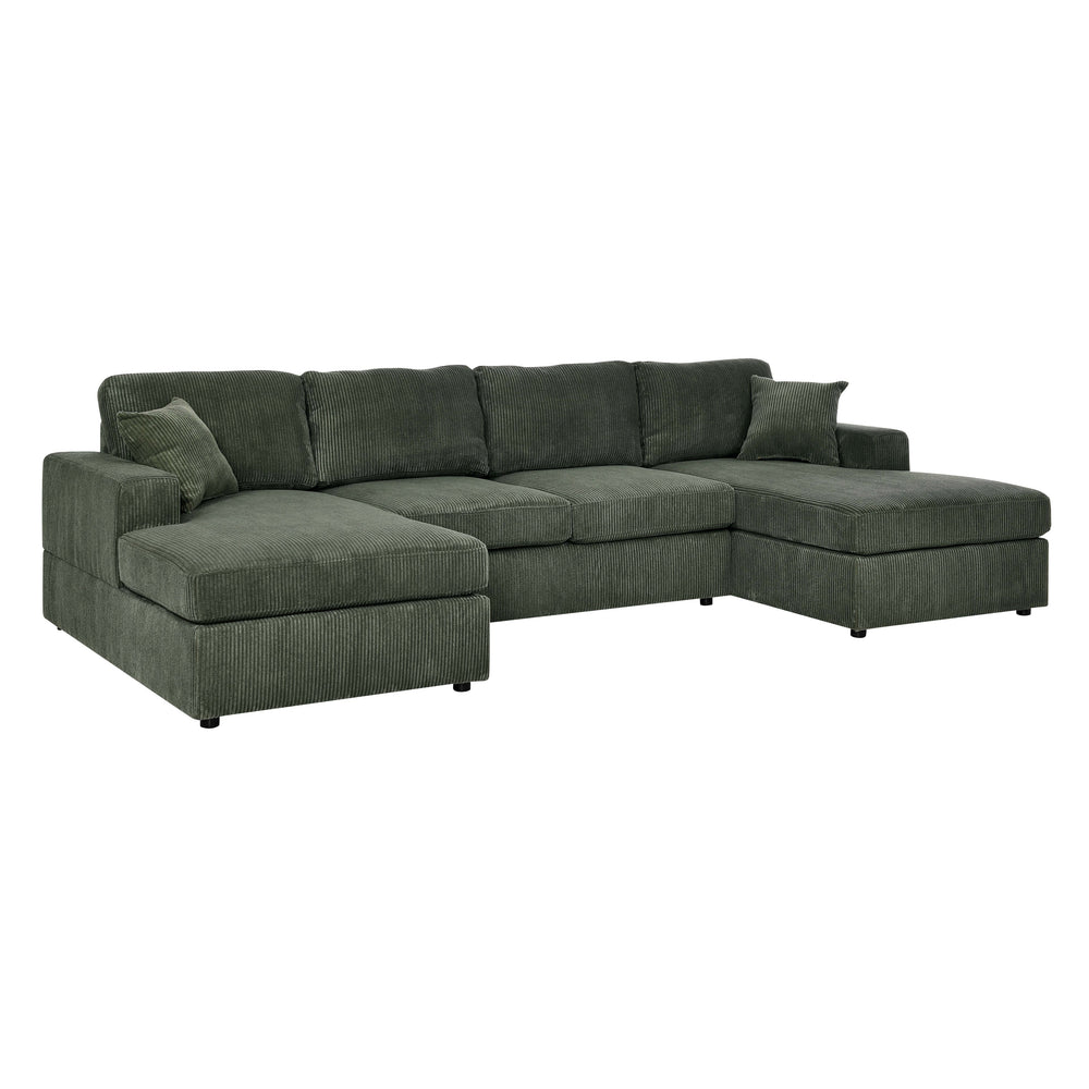 English Elm 3 Corduroy Double-Chaise Sectional Sofa with Removable Covers, Foam Cushions & Minimalist Design Green B343S00010