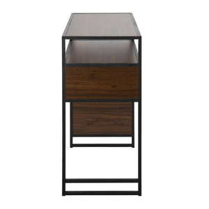 English Elm Display Farmhouse Bar Height Table with Walnut Shelves & Black Metal Frame – Storage, Versatile Use B202P223376