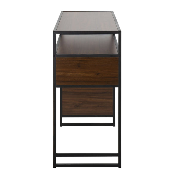 English Elm Display Farmhouse Bar Height Table with Walnut Shelves & Black Metal Frame – Storage, Versatile Use B202P223376