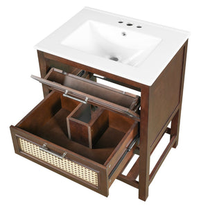 English Elm 24" Rattan Front Bathroom Vanity with Ceramic Sink Deep Drawer Storage Mdf Cabinet Dark Brown N710P293990P