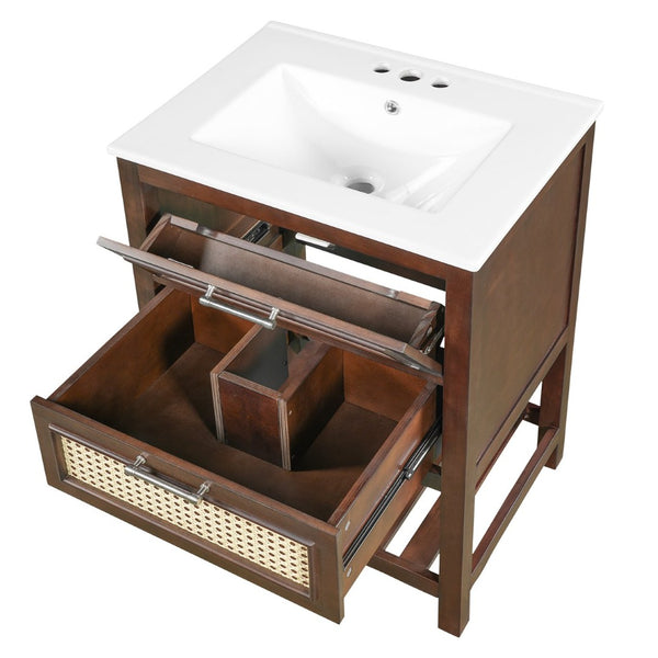 English Elm 24" Rattan Front Bathroom Vanity with Ceramic Sink Deep Drawer Storage Mdf Cabinet Dark Brown N710P293990P