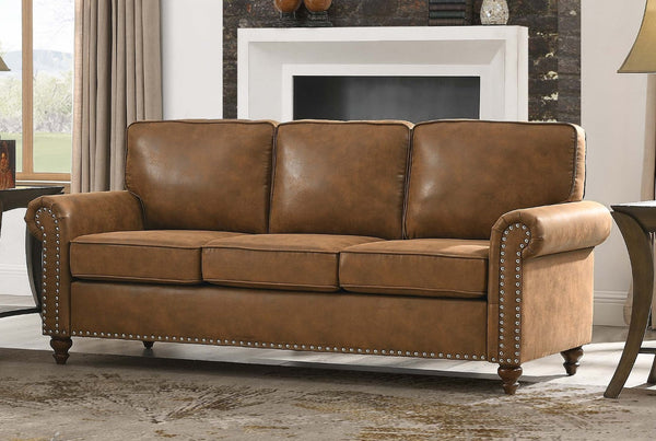 English Elm Faux Leather Sofa with Nailhead Trim Rolled Arms for Traditional Living Rooms B2748S00186