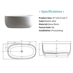 English Elm 47'' Freestanding Stone Resin Soaking Tub Matte White Ergonomic with Pop up Drain W2753P191219
