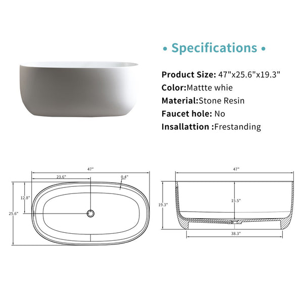 English Elm 47'' Freestanding Stone Resin Soaking Tub Matte White Ergonomic with Pop up Drain W2753P191219