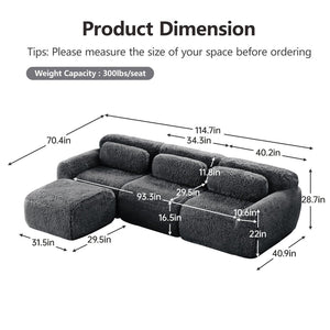 English Elm L-shaped Plush Modular Sectional Sofa with Ottoman and High Resilience Foam Seating Dark Grey W714S01550