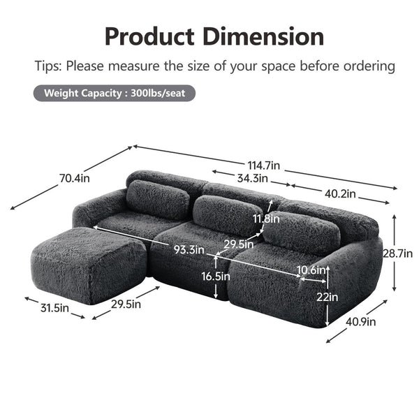 English Elm L-shaped Plush Modular Sectional Sofa with Ottoman and High Resilience Foam Seating Dark Grey W714S01550