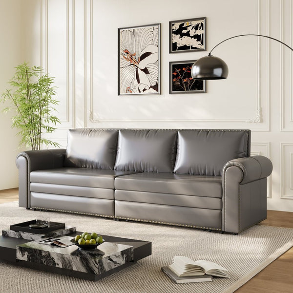 English Elm Chesterfield Velvet King Sleeper Sofa with Nailhead Trim and Rolled Arms for Living Room Grey W1885S00363