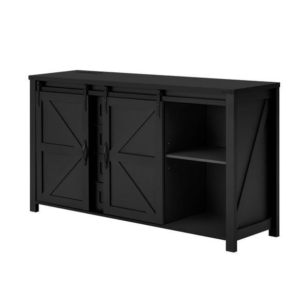 English Elm U-style Farmhouse Sideboard Barn Door Buffet with Drawers Built-in Outlet Dining Black N711P347377B