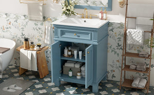 English Elm 24'' Carved Farmhouse Bathroom Vanity with Ceramic Sink Soft Close Storage Cabinet Indigo Blue N710P446530M