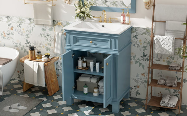 English Elm 24'' Carved Farmhouse Bathroom Vanity with Ceramic Sink Soft Close Storage Cabinet Indigo Blue N710P446530M