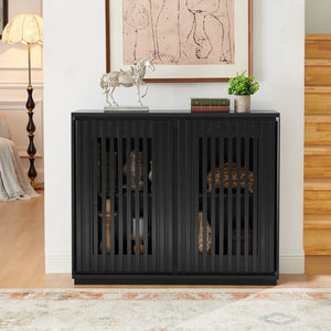English Elm Mid Fluted Hollowed Sideboard Cabinet with Outlet Holes, Mid Century Storage Buffet for Entryway, Dining Black W1801P288511