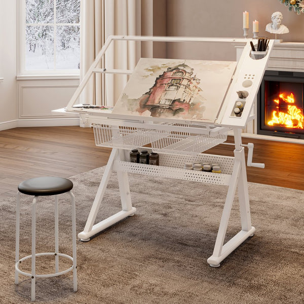 English Elm Hand tempered glass drafting table with hand crank lift, adjustable 0–70° tilt, drawers, stool, storage White W347P369733