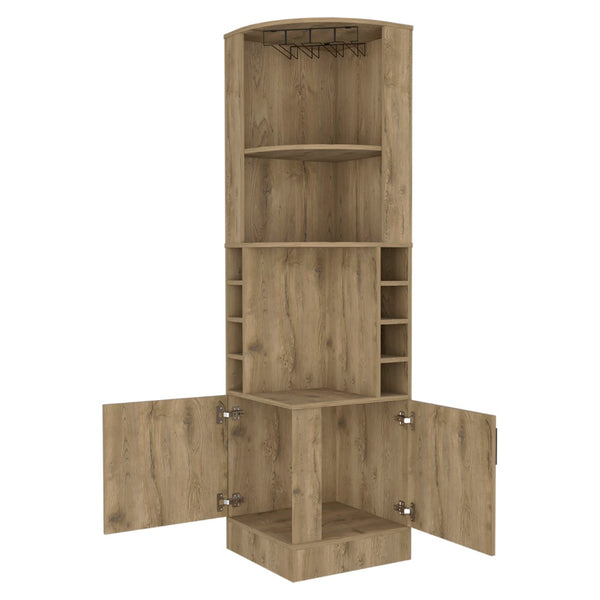 English Elm Seattle Floor Tower Bar Cabinet with Wine Cubbies Open Shelves Slim Dining Storage B128P460118