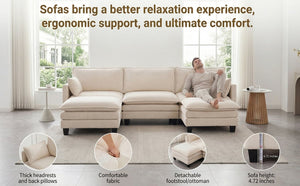 English Elm Modern Chenille Three Seat Sofa with Ottoman Usb Charging Ports and Storage Pockets Beige White W2519S00001