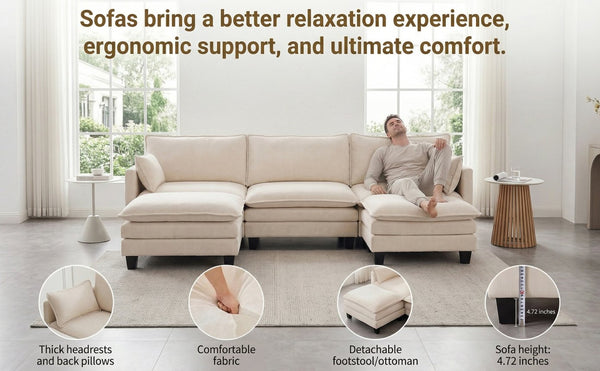 English Elm Modern Chenille Three Seat Sofa with Ottoman Usb Charging Ports and Storage Pockets Beige White W2519S00001