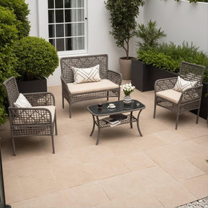 English Elm 4 Piece Outdoor Pe Rattan Wicker Conversation Set with Tempered Glass Coffee Table Beige W2071P296910