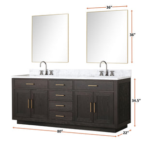 English Elm Brown Oak Double Bath Vanity Set With Carrara Marble Top, Dual Sinks, Chrome Faucets & Mirrors B2731S01805