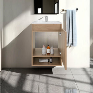 English Elm Nissi 18" Floating Wall-Mounted Vanity with Resin Sink, Soft-Close Door, Compact Natural Oak Finish B200S00448