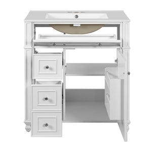 English Elm Bathroom Vanity with Sink French-Inspired 30" Ceramic Basin Vanity Cabinet with Soft-Close Doors & Drawer Organizer White N710P286723K
