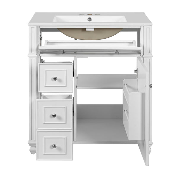 English Elm Bathroom Vanity with Sink French-Inspired 30" Ceramic Basin Vanity Cabinet with Soft-Close Doors & Drawer Organizer White N710P286723K