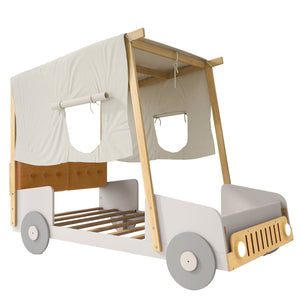 English Elm Wood Twin Car Bed with Pillow, Ceiling Canopy & LED Night Lights, Solid Pine Frame, Fun Kids Ride Bed - Twin Size, Natural Finish WF309288AAM