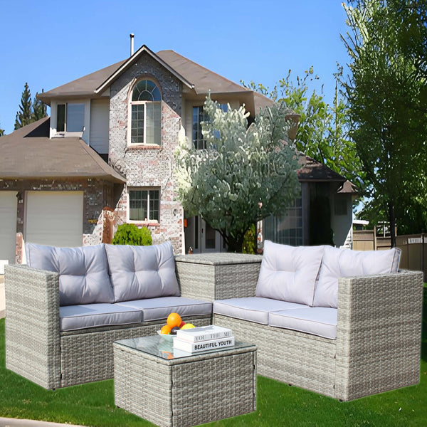 English Elm 4 Piece Patio Sectional Wicker Rattan Outdoor Furniture Sofa Set with Storage Table, Beige Cushions, Tempered Glass Grey W209S00014
