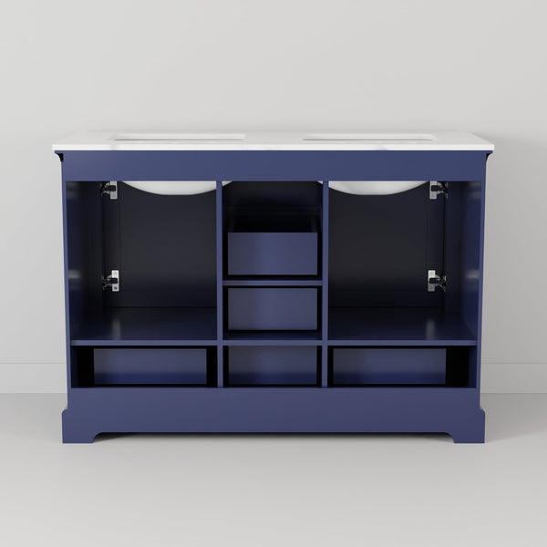 English Elm Navy Double Bath Vanity 48" W x 22" D — Solid Wood 2-Cabinet 6-Drawer Vanity, Soft-Close, Open Shelf, Fully Assembled B2731P258186