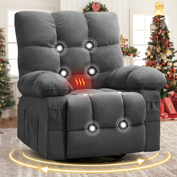 English Elm Massage Swivel Recliner Oversized Chair with Heating Nodes and Usb Port for Living Room Gray W1521P352671