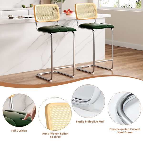 English Elm Counter Height Bar Stools Set Of 2 - Modern Green Pu Leather & Rattan Back Chairs For Kitchen Use T3623P360704