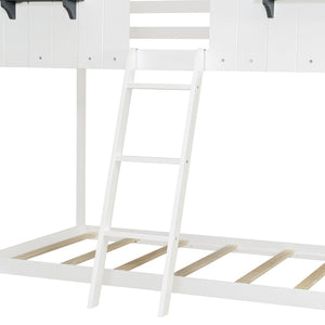 English Elm Twin Over Playhouse Bunk Bed Solid Pine Frame with Roof Windows Guardrail LT100045AAK-1