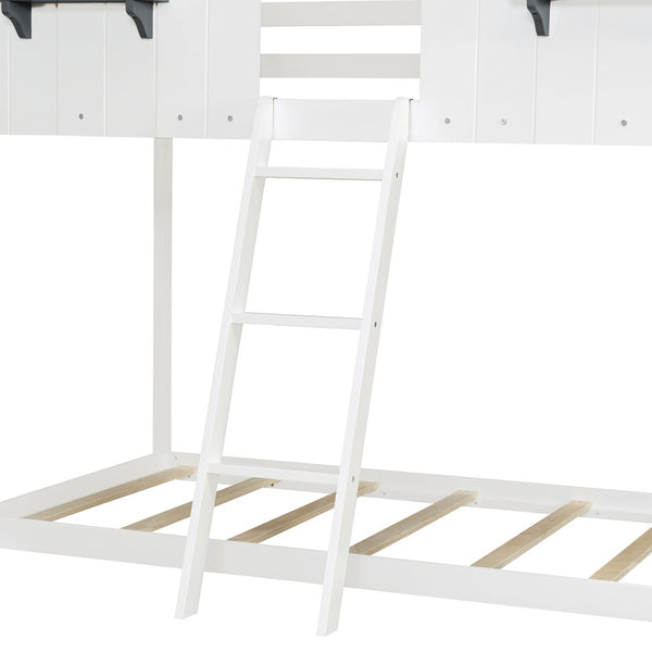 English Elm Twin Over Playhouse Bunk Bed Solid Pine Frame with Roof Windows Guardrail LT100045AAK-1