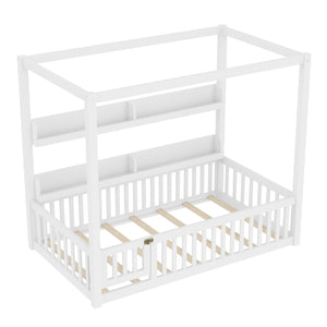 English Elm Twin House Floor Bed with Door and Full-Length Guardrails, Solid Wood Double Twin Floor Bed for Kids' Playful Rooms Light White W1580P359327