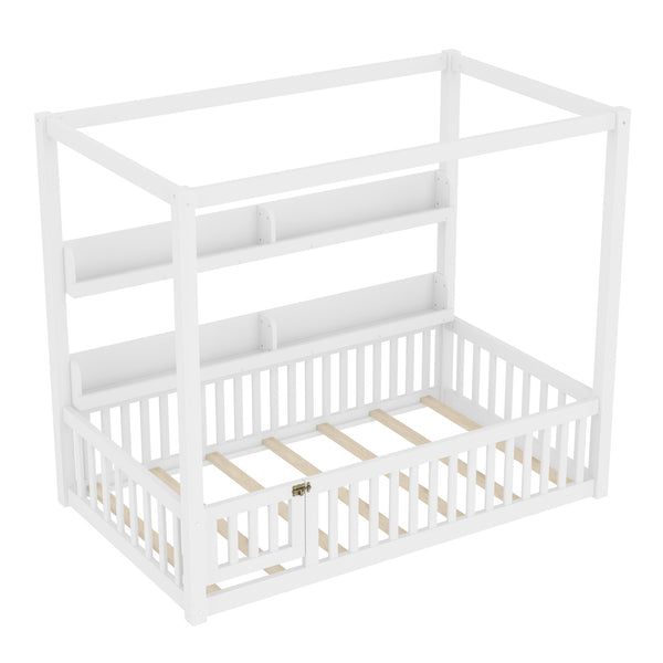 English Elm Twin House Floor Bed with Door and Full-Length Guardrails, Solid Wood Double Twin Floor Bed for Kids' Playful Rooms Light White W1580P359327