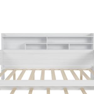 English Elm Wooden Full Size Daybed with Trundle and Built-In Desk, Side Storage Shelves for Space-Saving Rooms Antique White 70 L x 18.6 W x 5.5 H N733S242277K