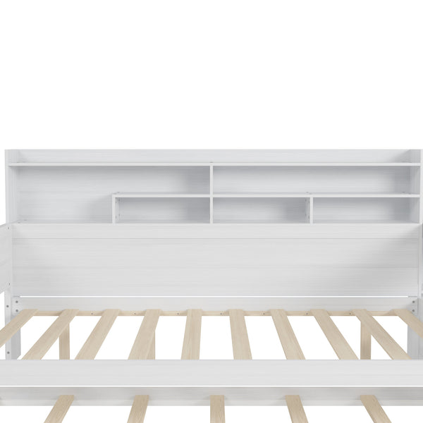 English Elm Wooden Full Size Daybed with Trundle and Built-In Desk, Side Storage Shelves for Space-Saving Rooms Antique White 70 L x 18.6 W x 5.5 H N733S242277K