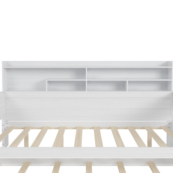 English Elm Wooden Twin Daybed with Trundle Built-in Desk and Open Shelves for Kids Rooms Antique White N733S373391K