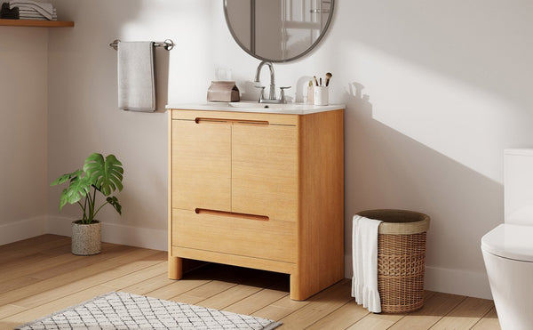 English Elm [video] 30 Inch Freestanding Bathroom Vanity Pine Legs Ceramic Sink Soft Close Storage Oak N759P412928O